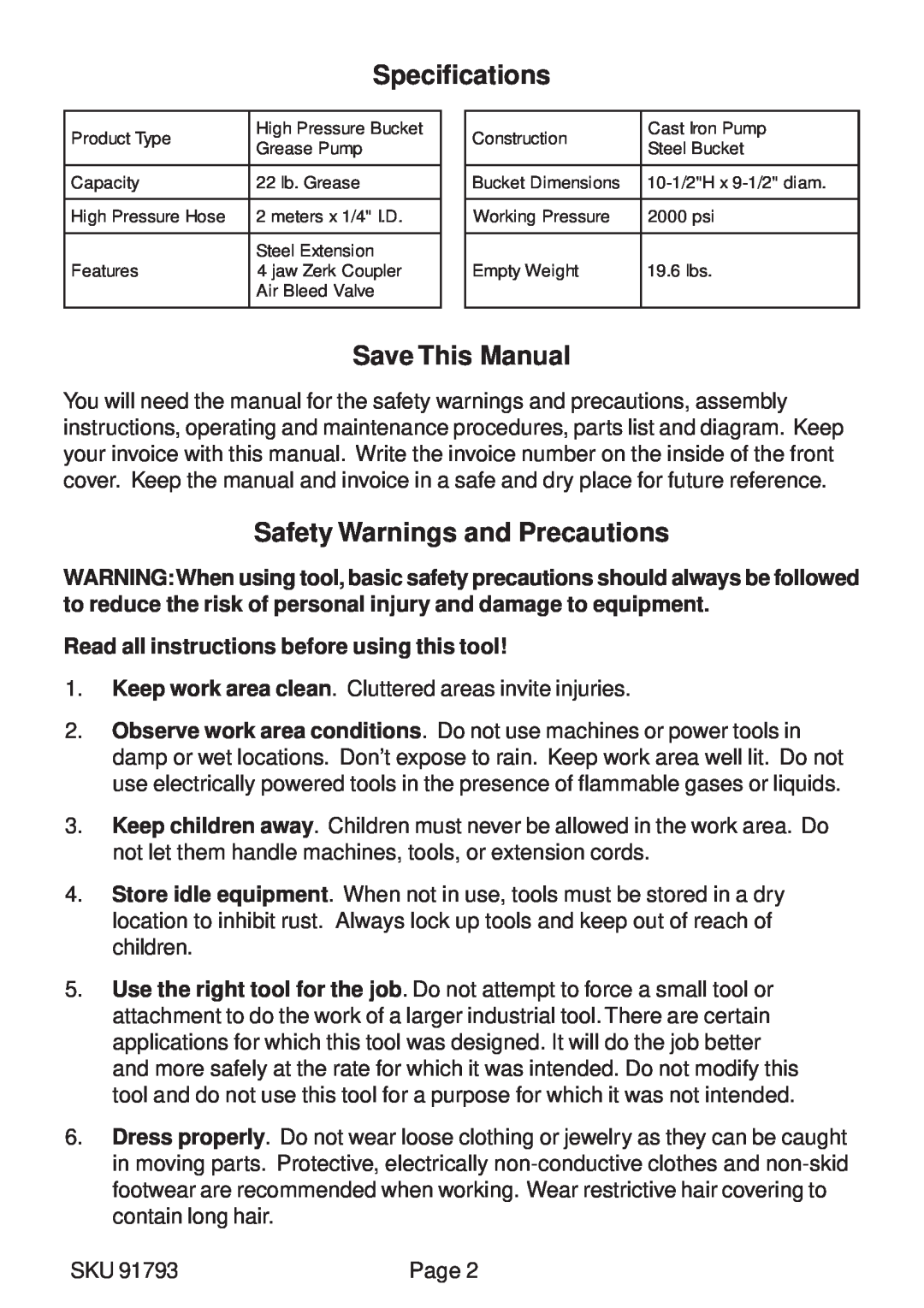 Harbor Freight Tools 91793 manual Specifications, Save This Manual, Safety Warnings and Precautions 