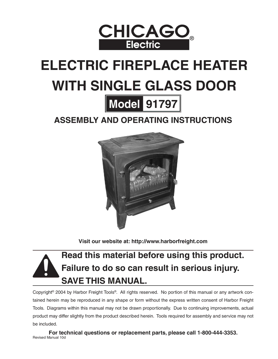 Harbor Freight Tools 91797 operating instructions Electric Fireplace Heater With Single Glass Door 