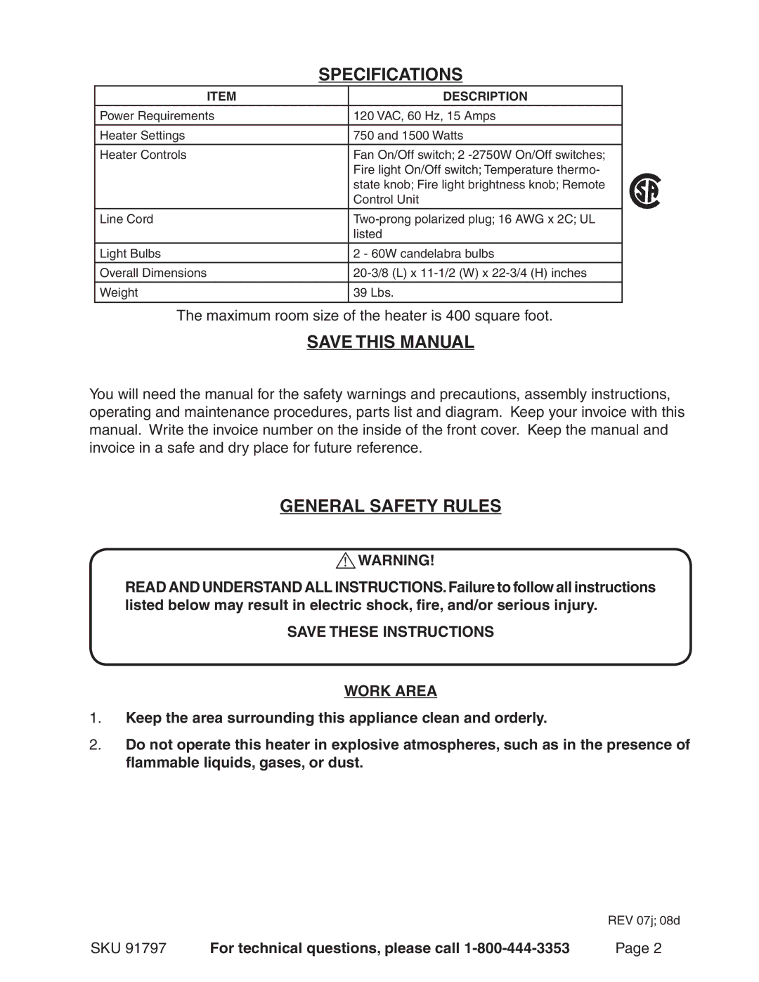 Harbor Freight Tools 91797 operating instructions Specifications, Save this Manual, General Safety Rules 