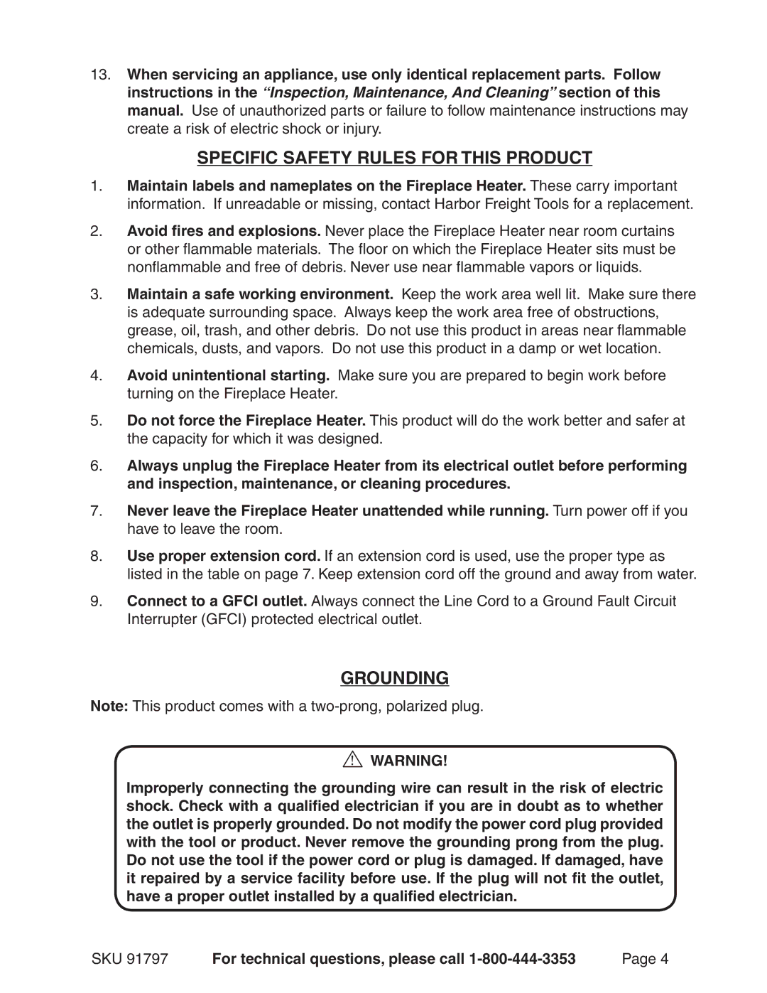 Harbor Freight Tools 91797 operating instructions Specific Safety Rules for this Product, Grounding 