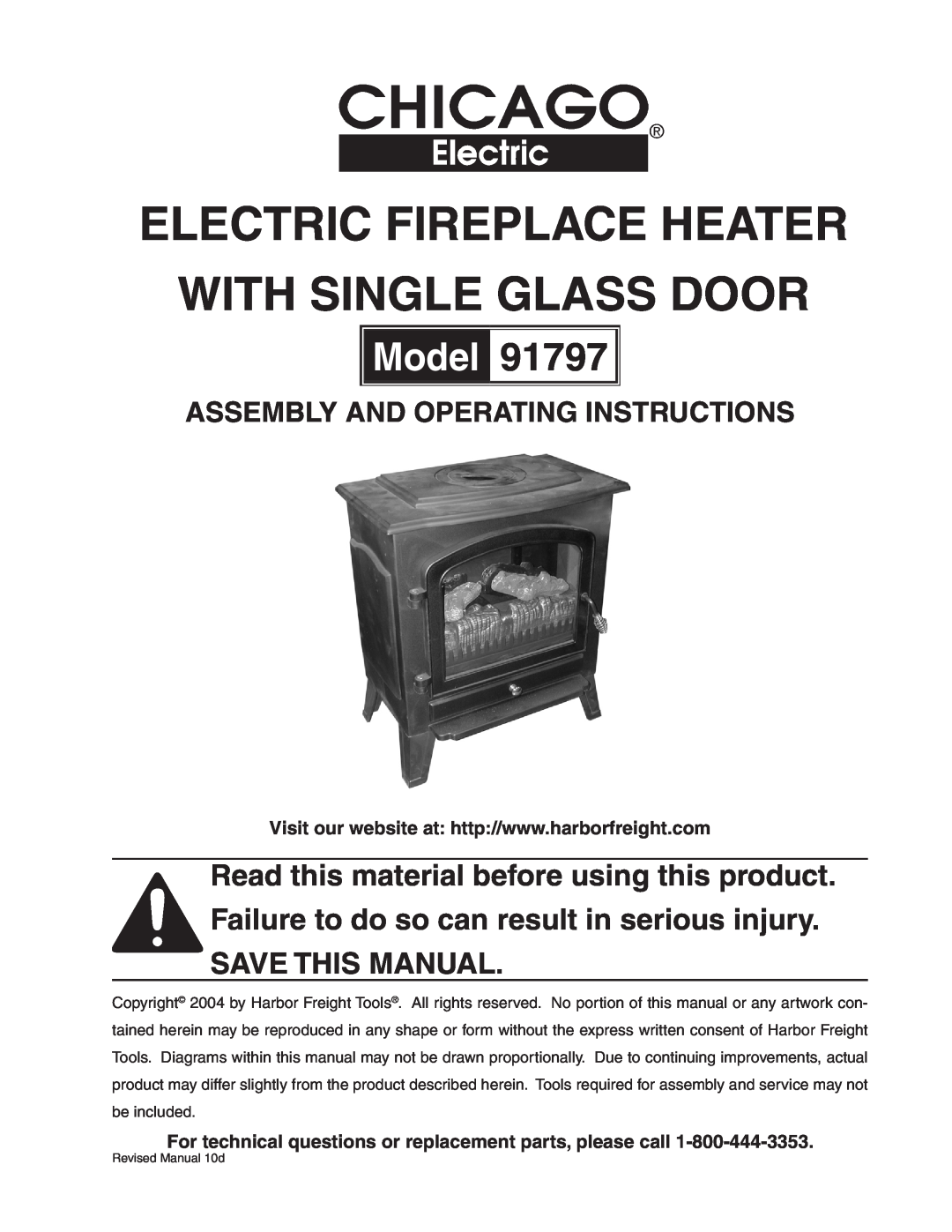 Harbor Freight Tools 91797 operating instructions Electric Fireplace Heater With Single Glass Door, Model 
