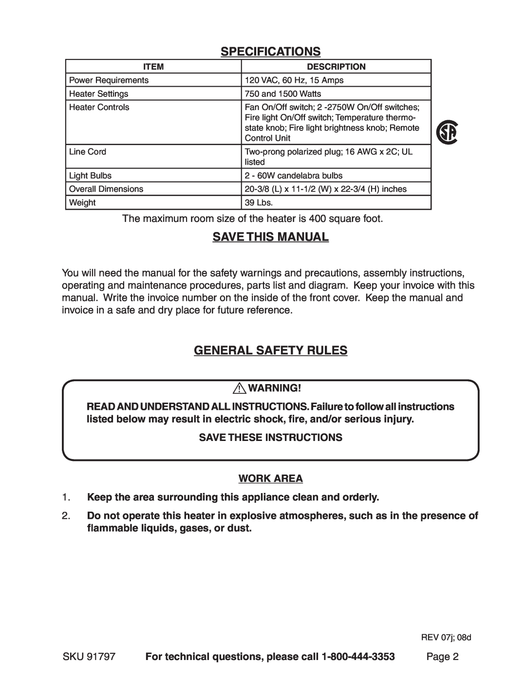 Harbor Freight Tools 91797 Specifications, Save This Manual, General Safety Rules, Save These Instructions Work Area 