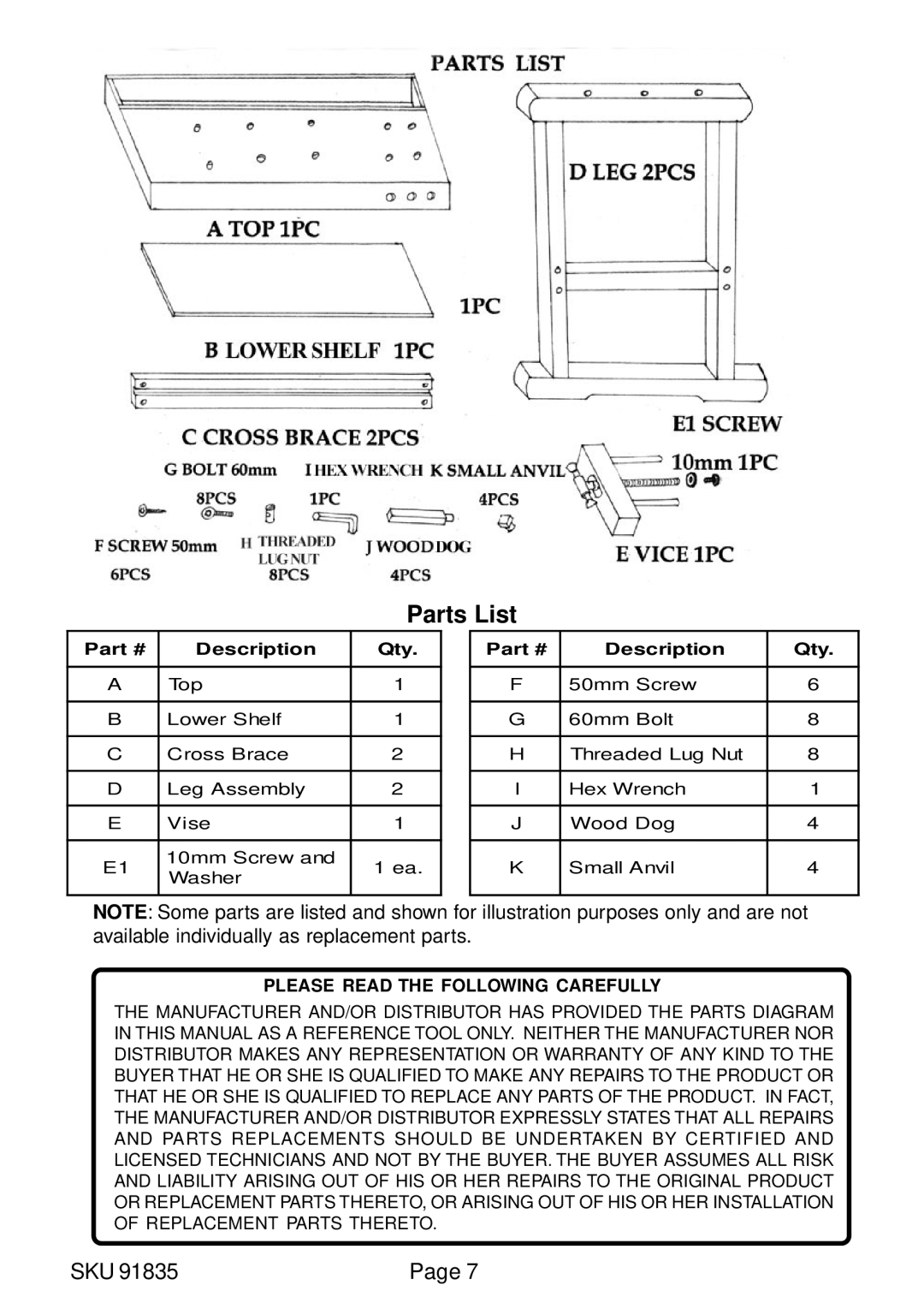 Harbor Freight Tools 91835 operating instructions Parts List 