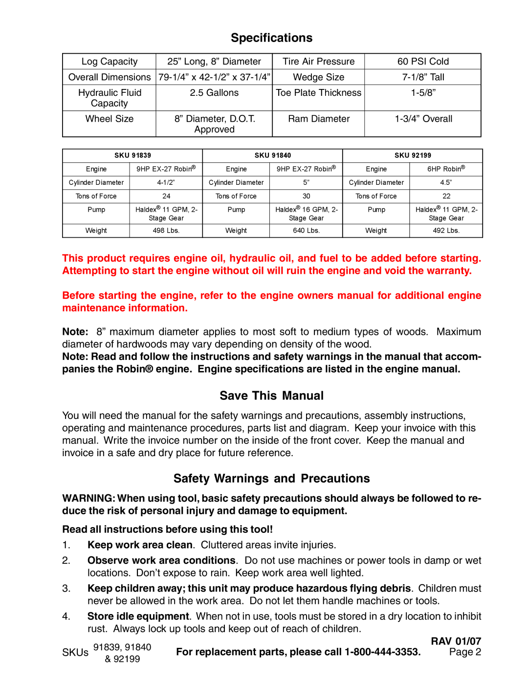 Harbor Freight Tools 91839, 91840, 92199 manual Specifications, Save This Manual, Safety Warnings and Precautions 