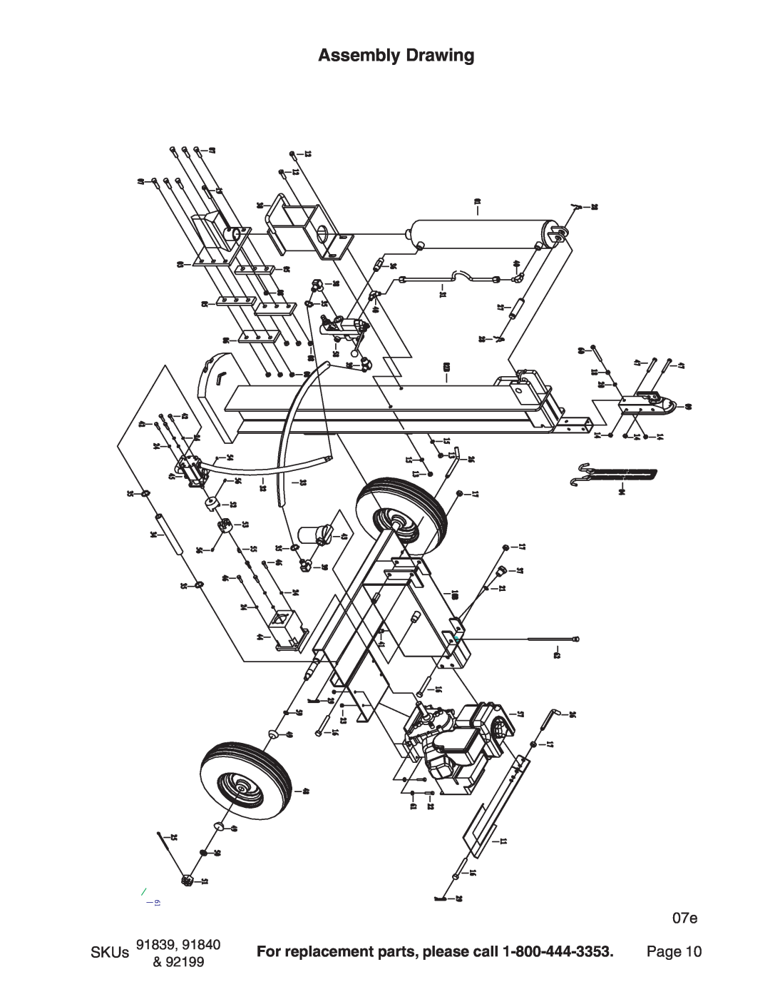 Harbor Freight Tools 91839, 91840, 92199 manual Assembly Drawing, For replacement parts, please call 