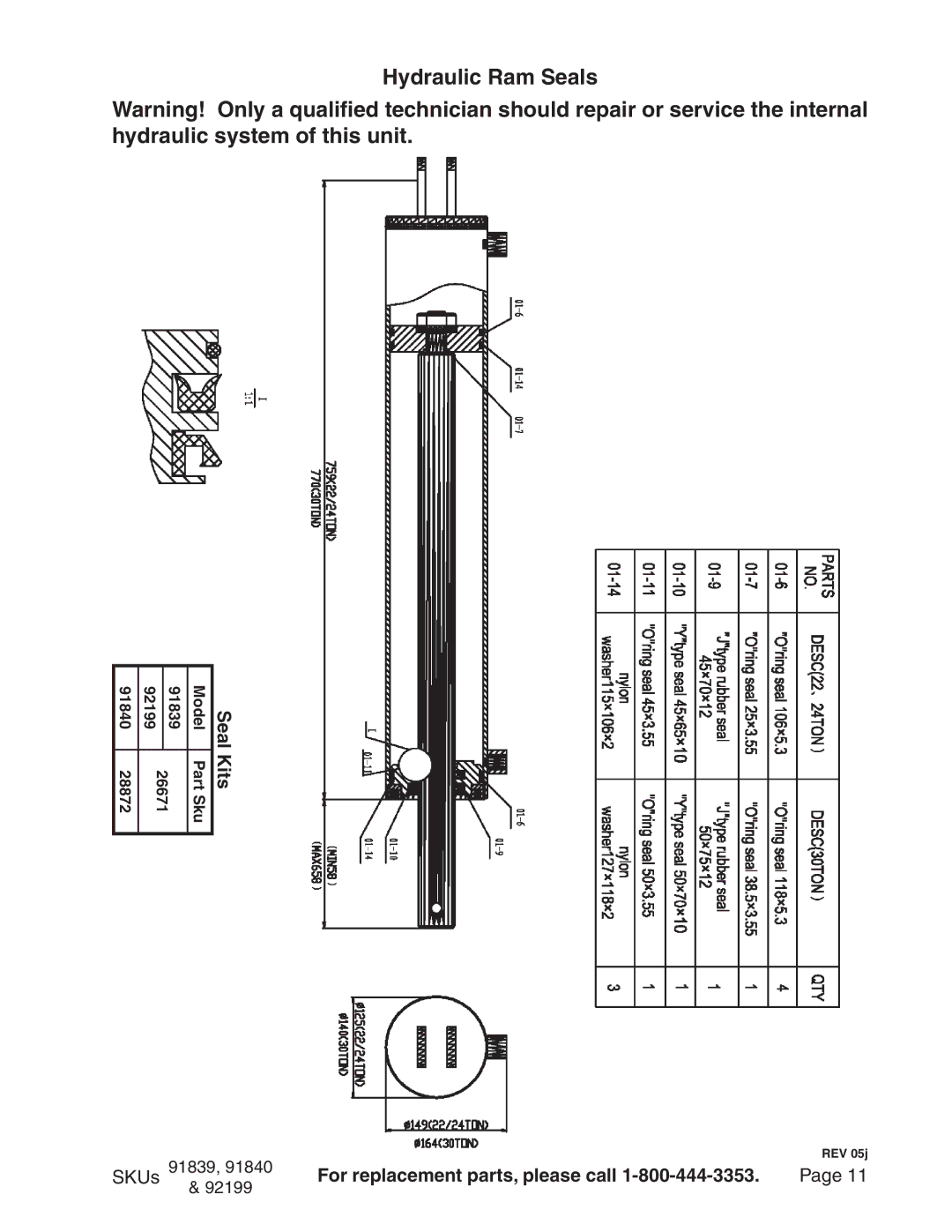 Harbor Freight Tools 91840, 91839, 92199 manual Hydraulic Ram Seals, Kits 