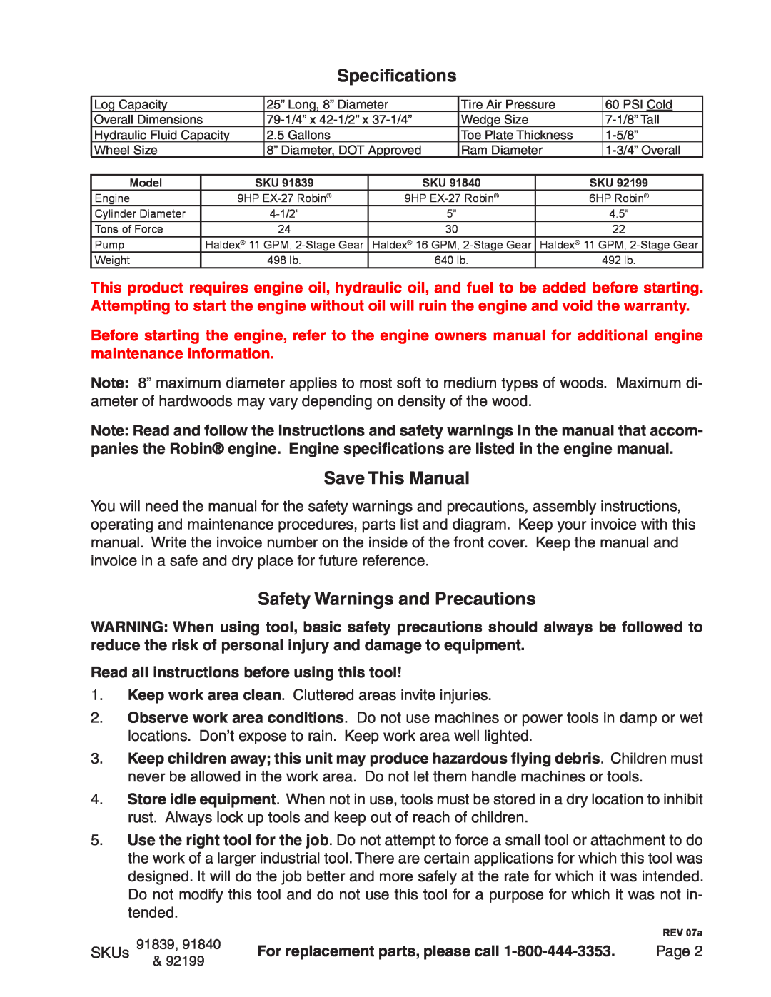 Harbor Freight Tools 91840, 91839, 92199 manual Specifications, Save This Manual, Safety Warnings and Precautions 