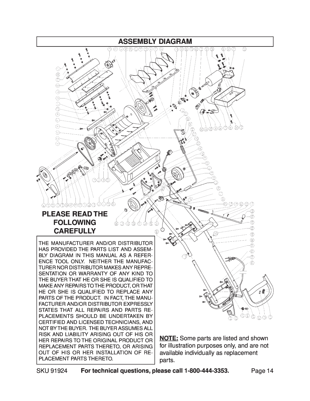 Harbor Freight Tools 91924 Assembly Diagram Please Read The Following Carefully, For technical questions, please call 