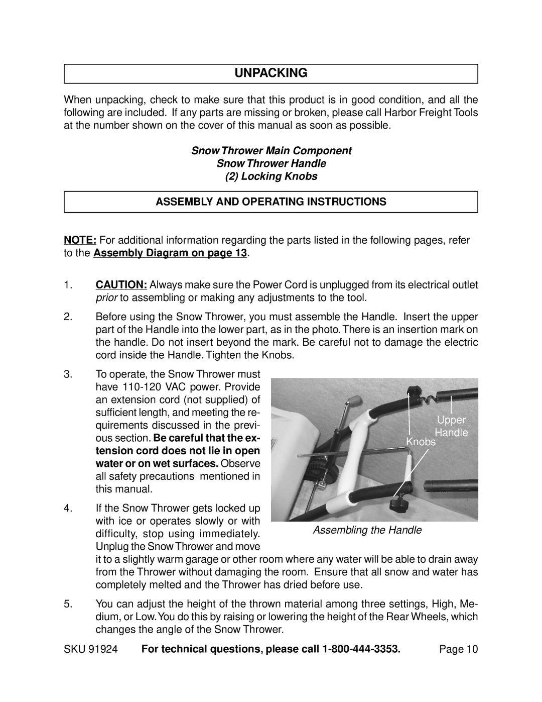 Harbor Freight Tools 91924 manual Unpacking, Assembly and Operating Instructions 