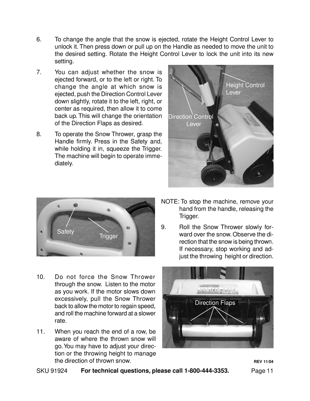 Harbor Freight Tools 91924 manual Direction Control Lever Height Control Lever, Direction of thrown snow 