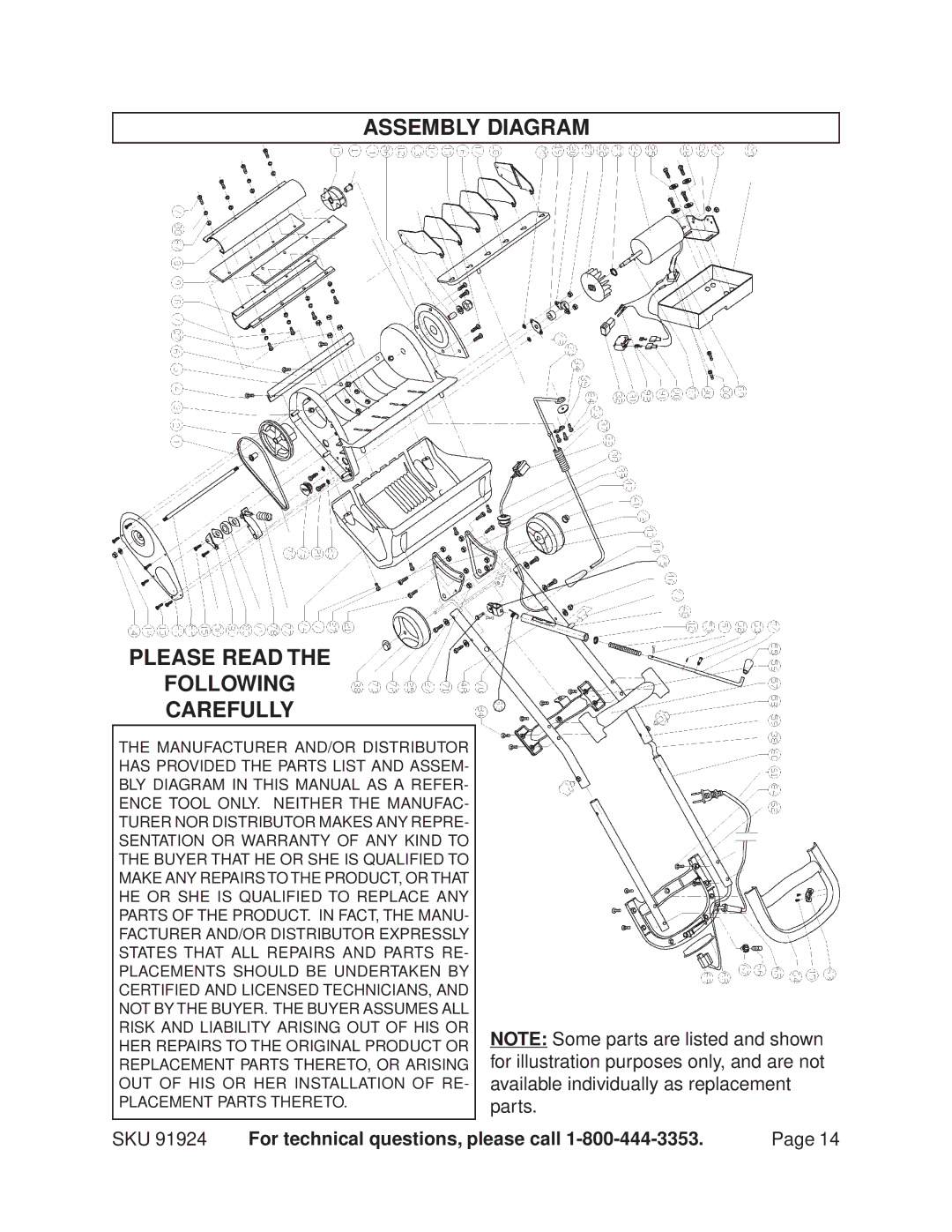 Harbor Freight Tools 91924 manual Assembly Diagram Please Read Following Carefully 