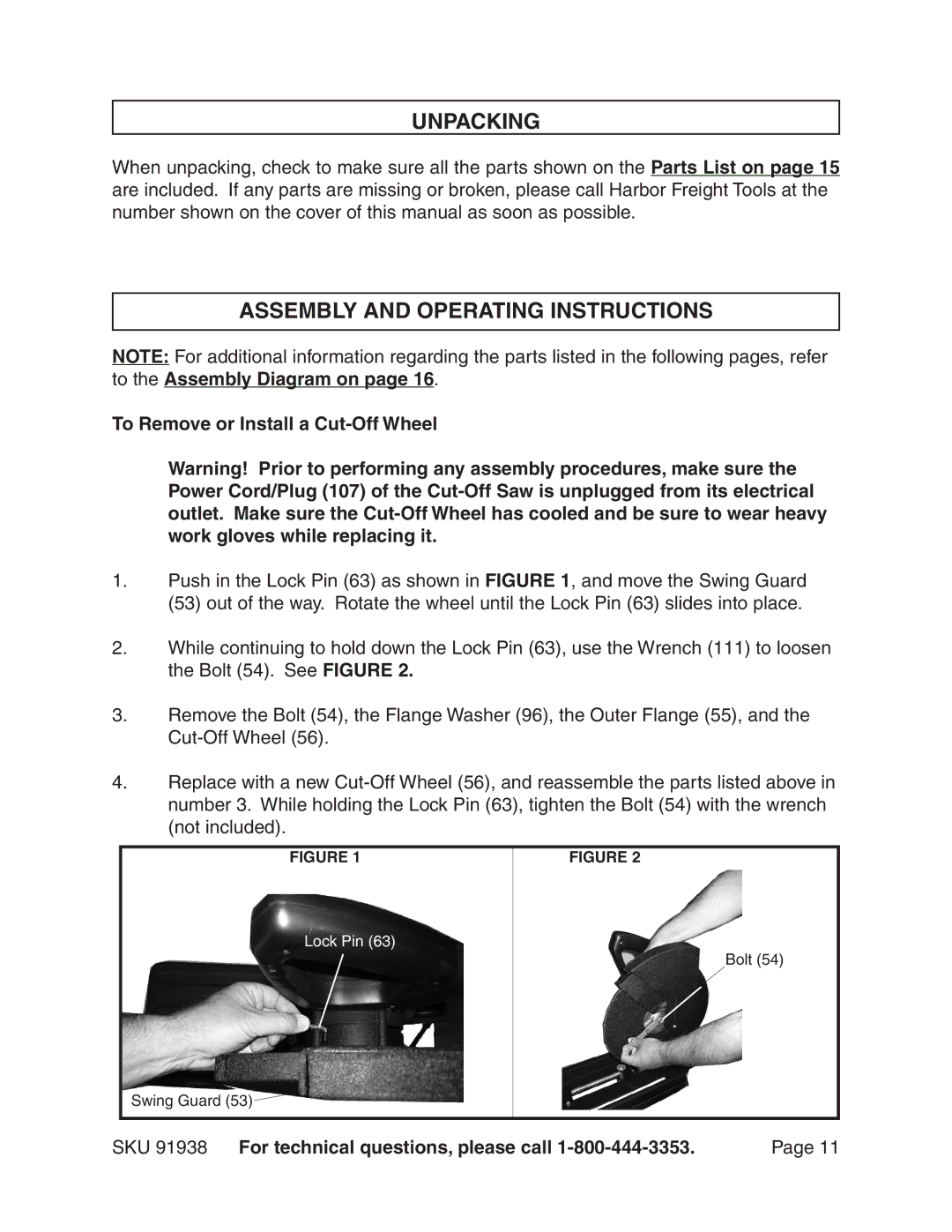 Harbor Freight Tools 91938 Unpacking, Assembly and Operating Instructions, To Remove or Install a Cut-Off Wheel 