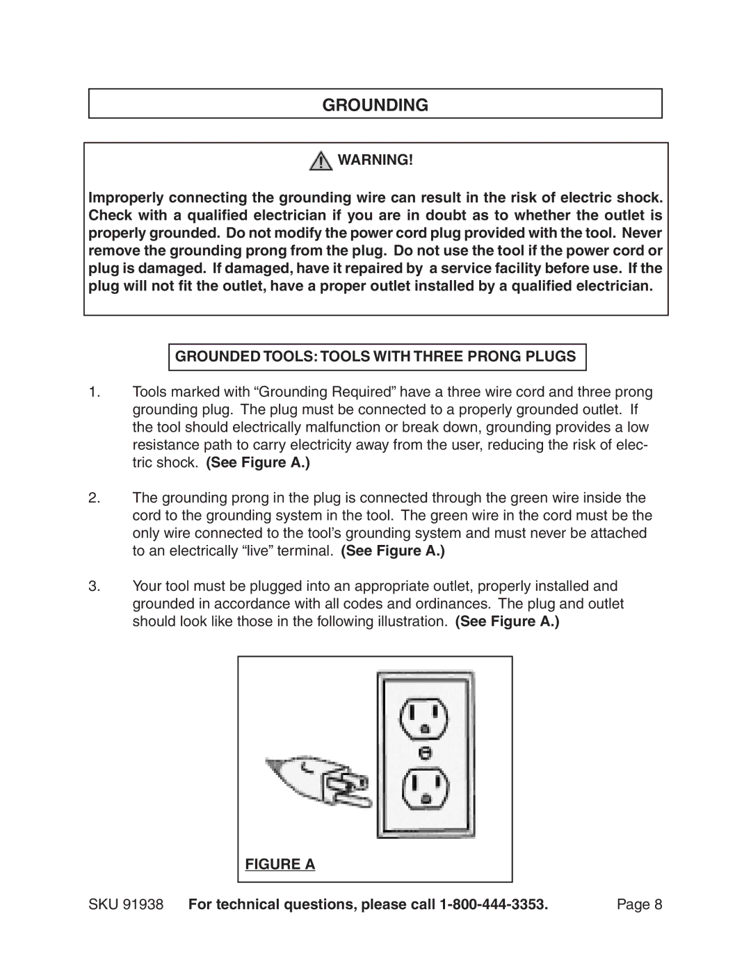 Harbor Freight Tools 91938 operating instructions Grounding, Grounded Tools Tools with Three Prong Plugs 