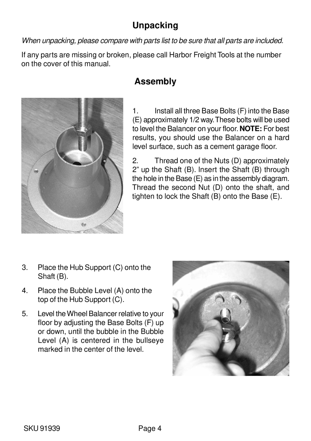 Harbor Freight Tools 91939 operating instructions Unpacking, Assembly 