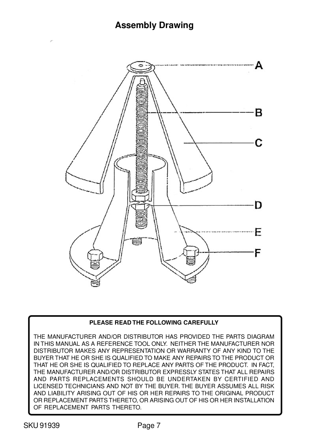 Harbor Freight Tools 91939 operating instructions Assembly Drawing, Please Read the Following Carefully 