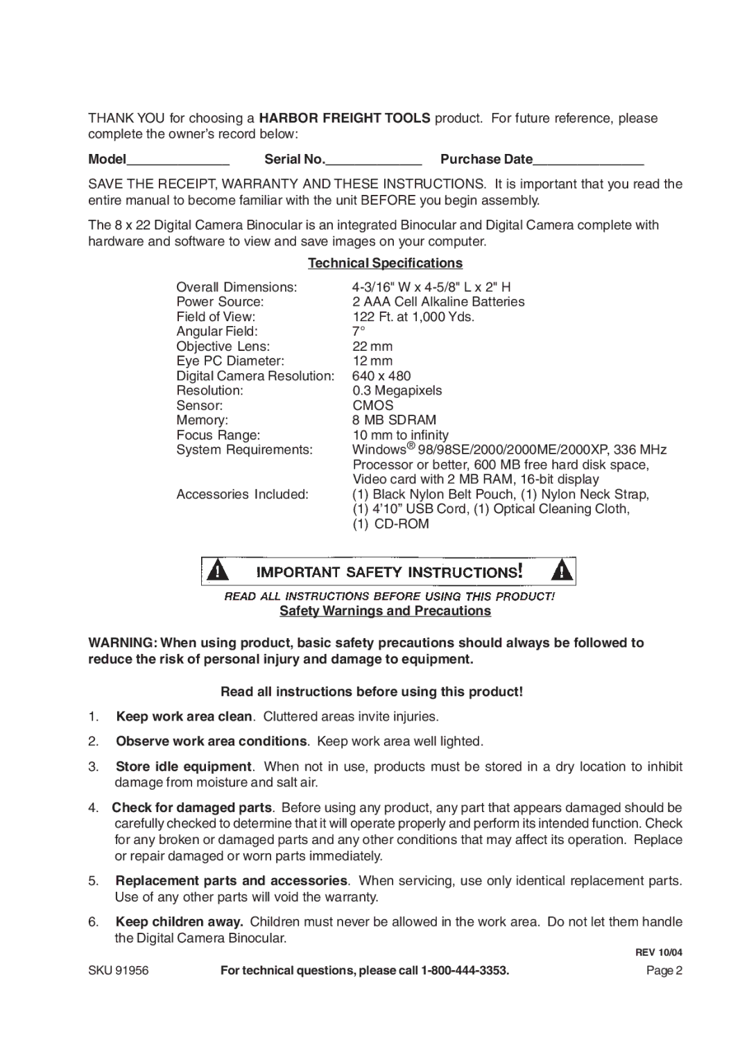 Harbor Freight Tools 91956 operating instructions Model Serial No. Purchase Date, Technical Specifications, Cmos, MB Sdram 