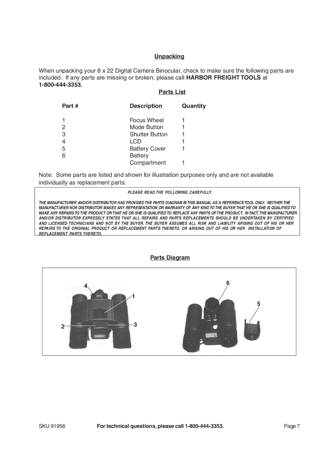 Harbor Freight Tools 91956 operating instructions Unpacking, Parts List, Description Quantity, Lcd, Parts Diagram 