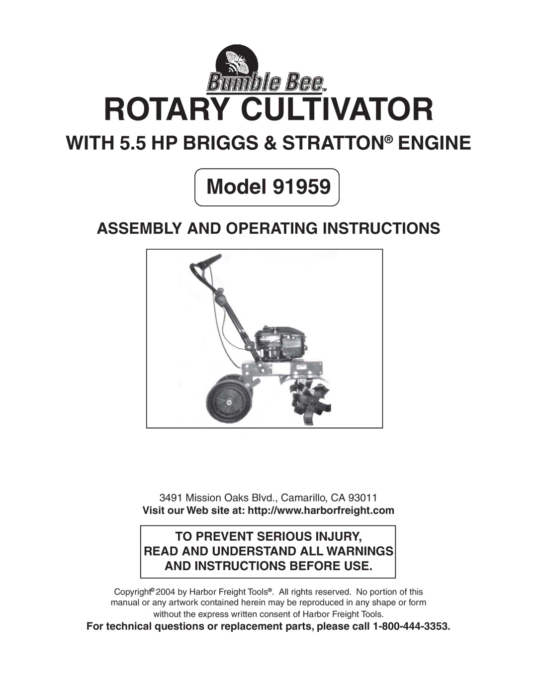 Harbor Freight Tools 91959 manual Rotary Cultivator, For technical questions or replacement parts, please call 