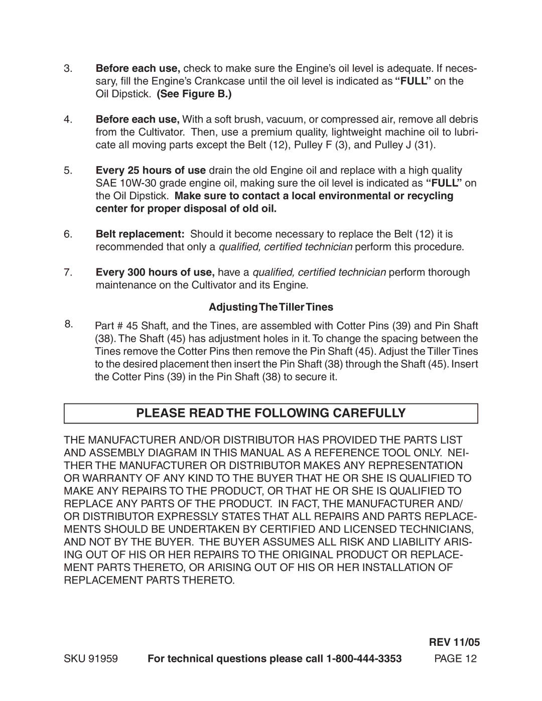 Harbor Freight Tools 91959 manual Please Read the Following Carefully, Adjusting TheTiller Tines 