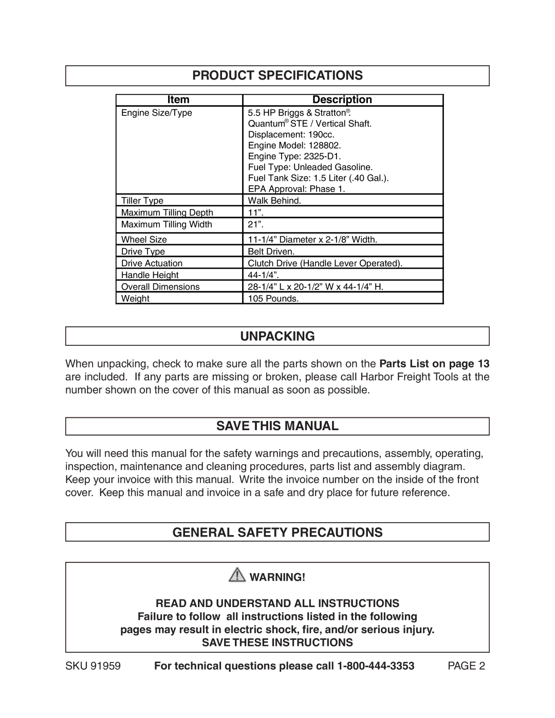 Harbor Freight Tools 91959 manual Product Specifications, Unpacking, Save this Manual, General Safety Precautions 