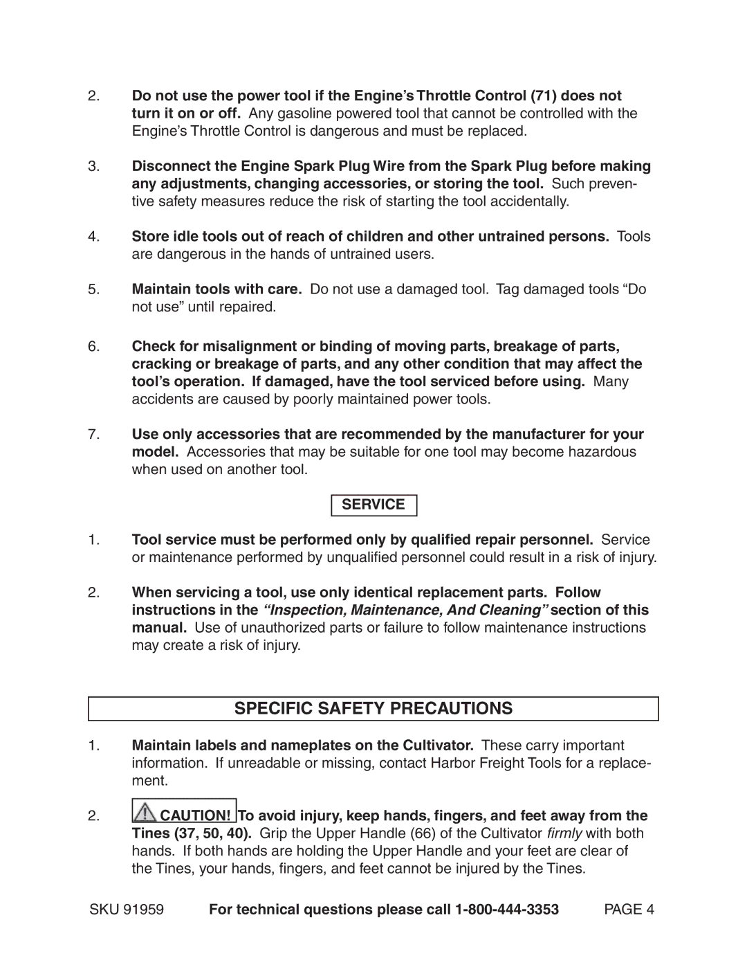 Harbor Freight Tools 91959 manual Specific Safety Precautions, Service 