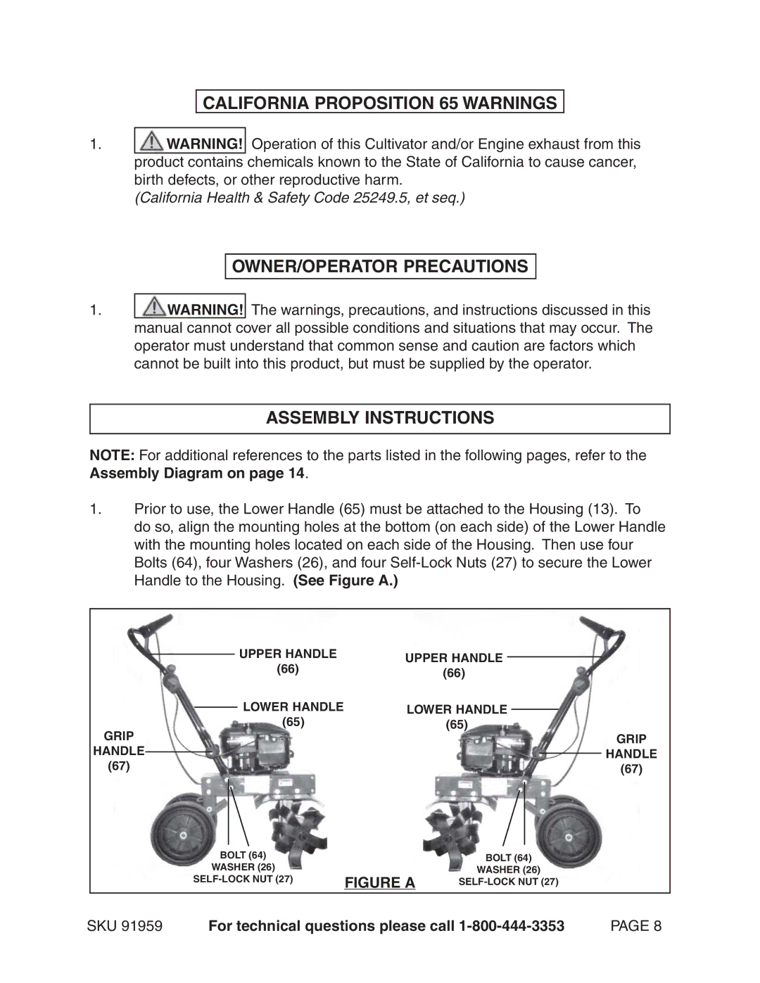 Harbor Freight Tools 91959 manual California Proposition 65 Warnings, OWNER/OPERATOR Precautions Assembly Instructions 