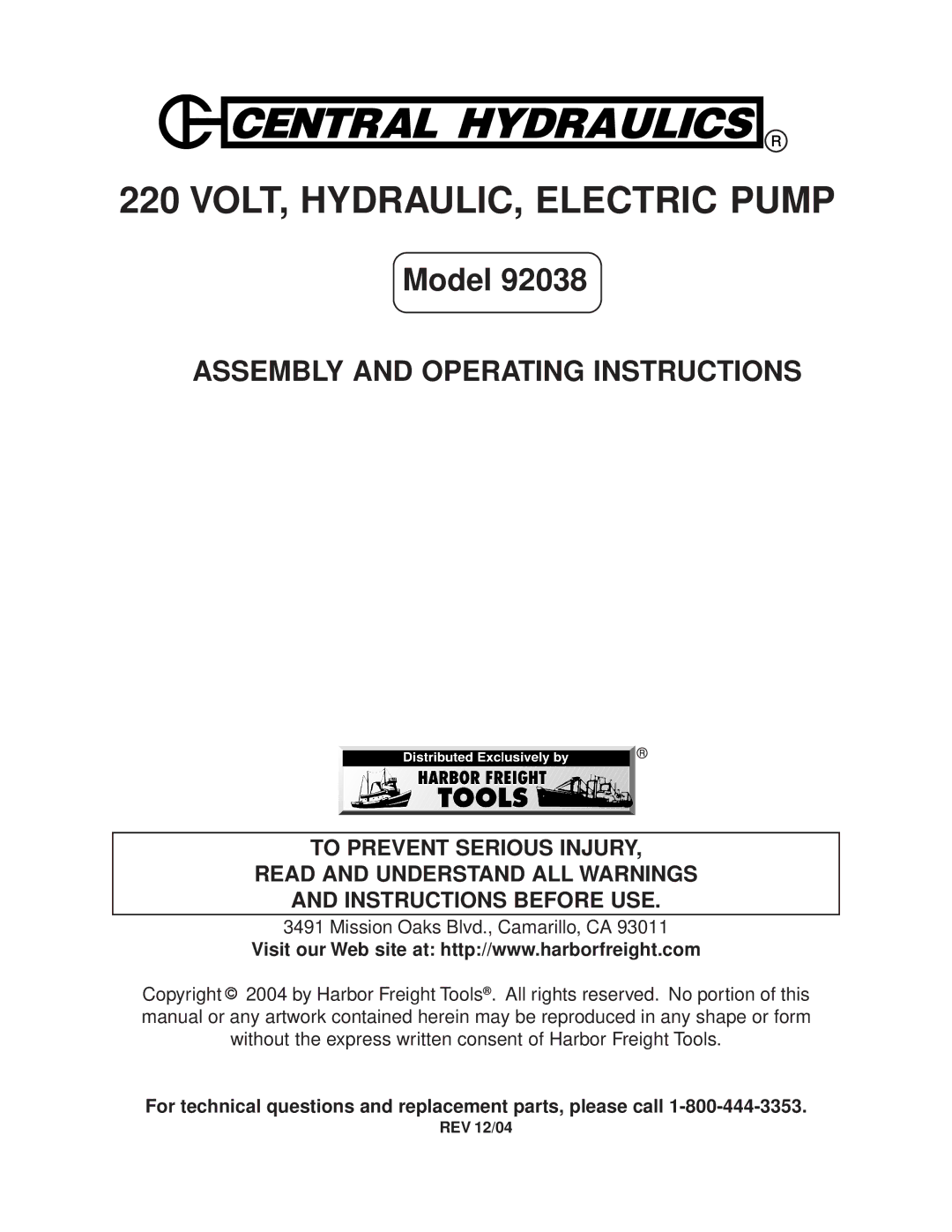 Harbor Freight Tools 92038 operating instructions VOLT, HYDRAULIC, Electric Pump 