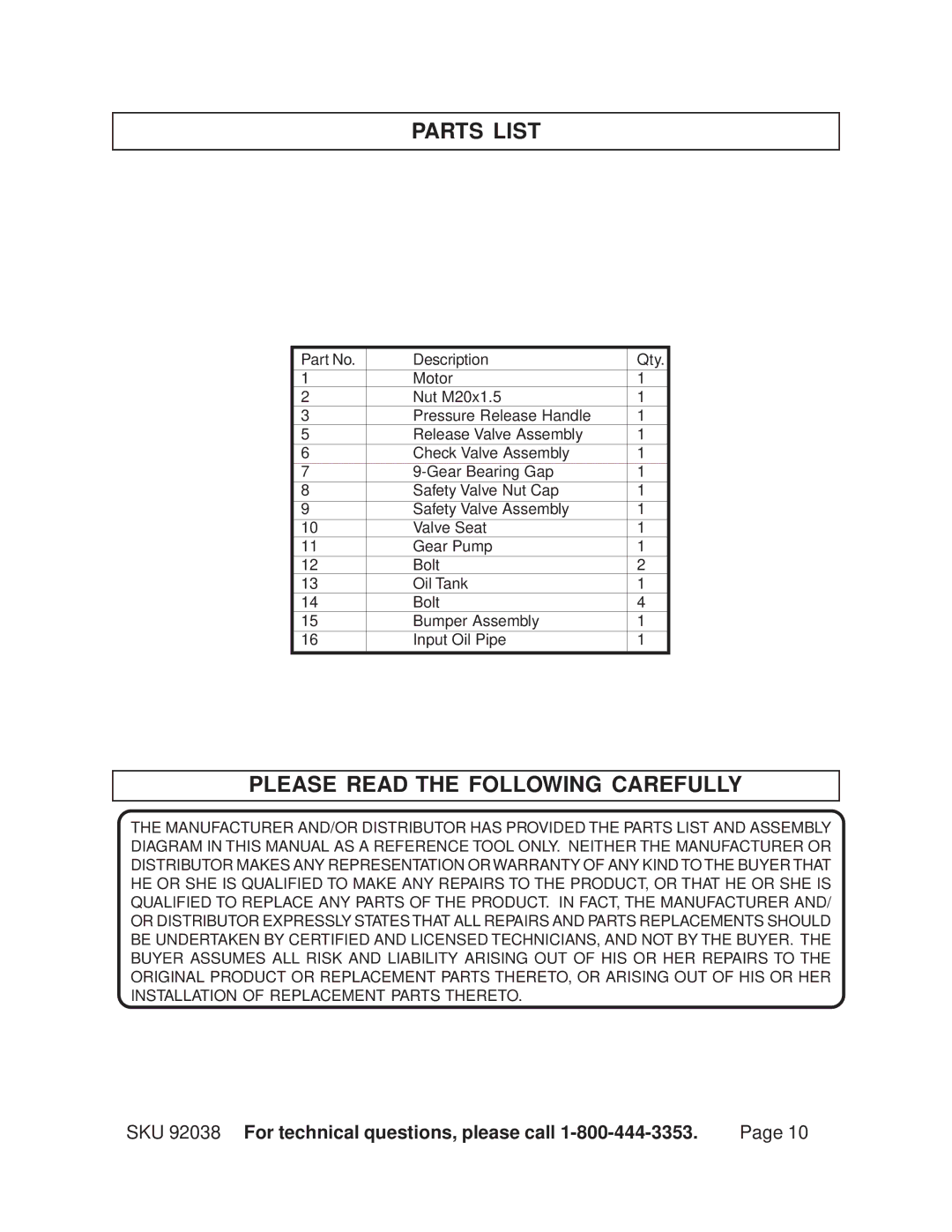 Harbor Freight Tools 92038 operating instructions Parts List, Please Read the Following Carefully 