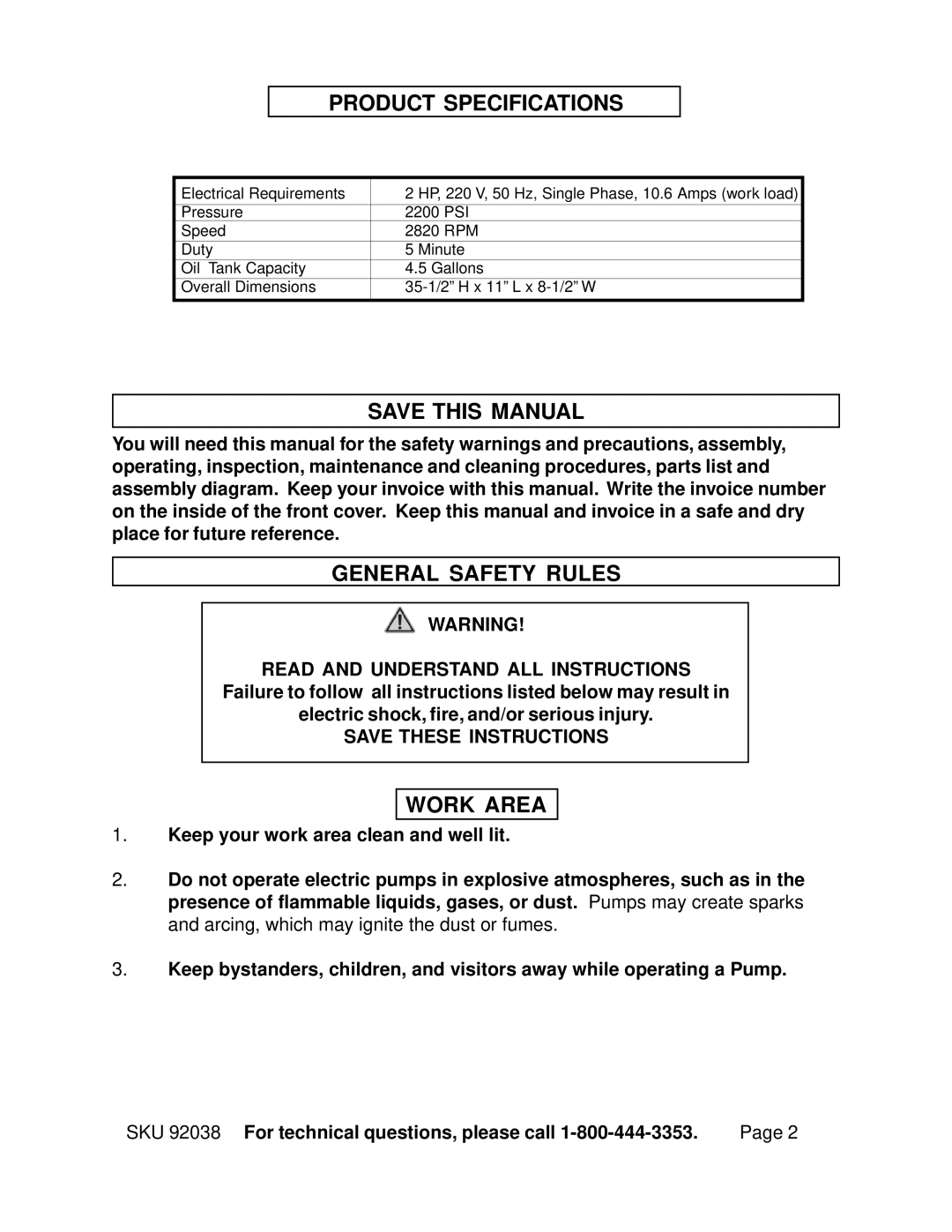 Harbor Freight Tools 92038 operating instructions Product Specifications, Save this Manual, General Safety Rules, Work Area 