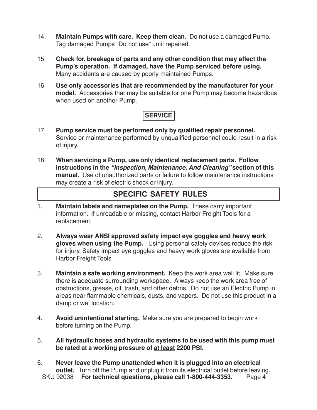 Harbor Freight Tools 92038 operating instructions Specific Safety Rules, Service 