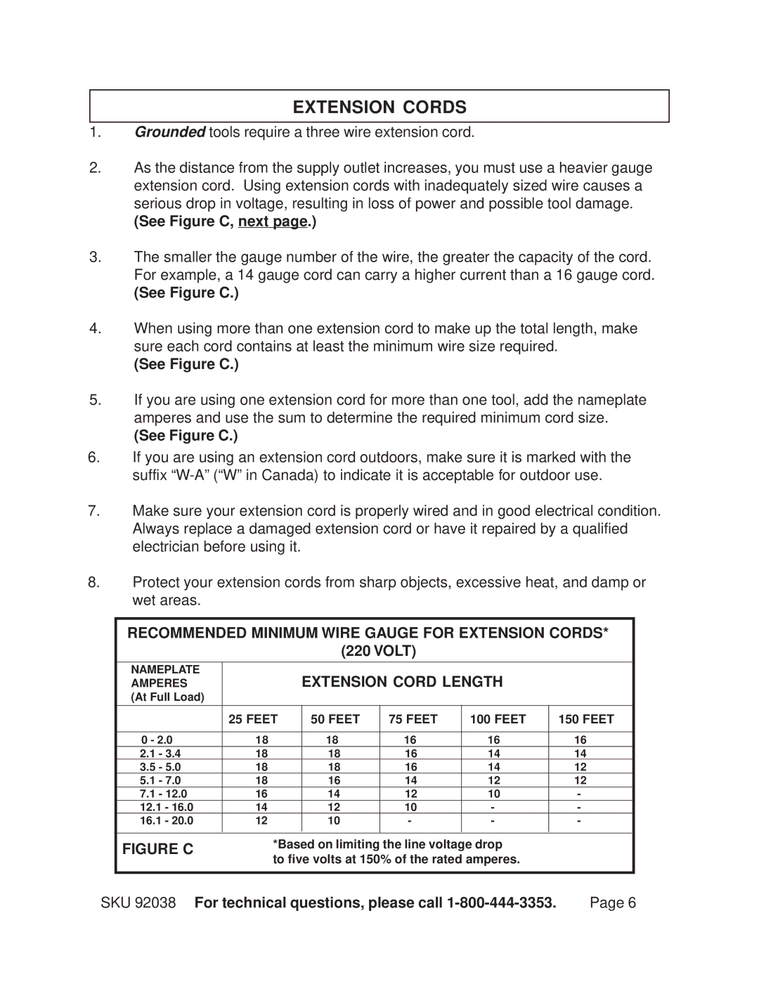 Harbor Freight Tools 92038 operating instructions Extension Cords, See Figure C, next, Extension Cord Length 