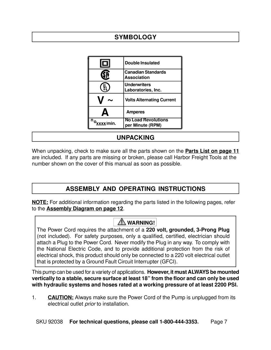 Harbor Freight Tools 92038 operating instructions Symbology, Unpacking, Assembly and Operating Instructions 