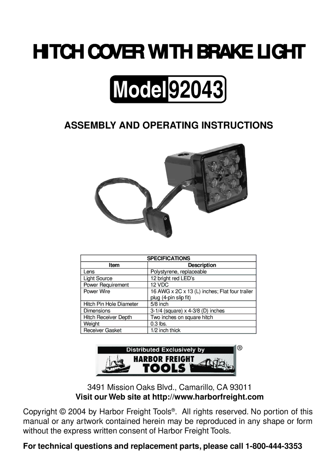 Harbor Freight Tools 92043 operating instructions 