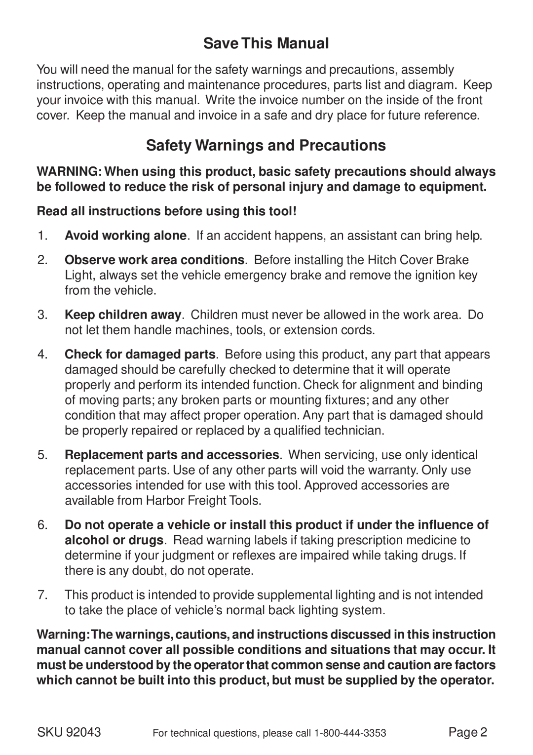 Harbor Freight Tools 92043 operating instructions Save This Manual, Safety Warnings and Precautions 