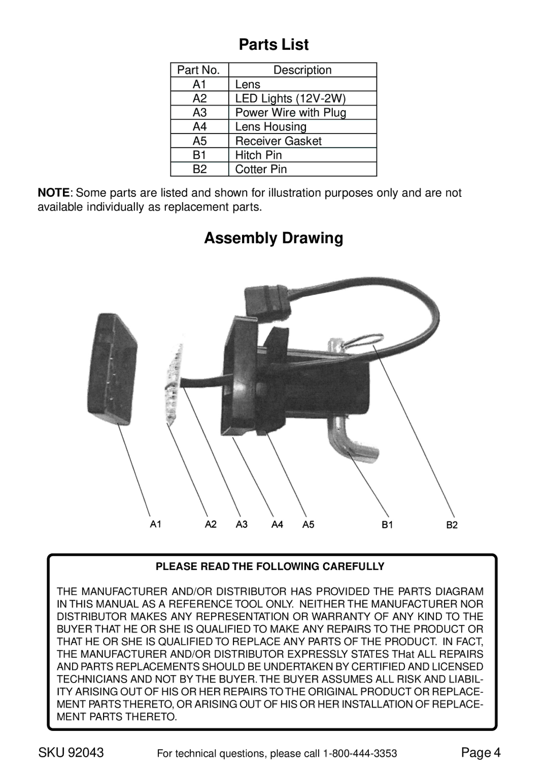 Harbor Freight Tools 92043 operating instructions Parts List, Assembly Drawing 