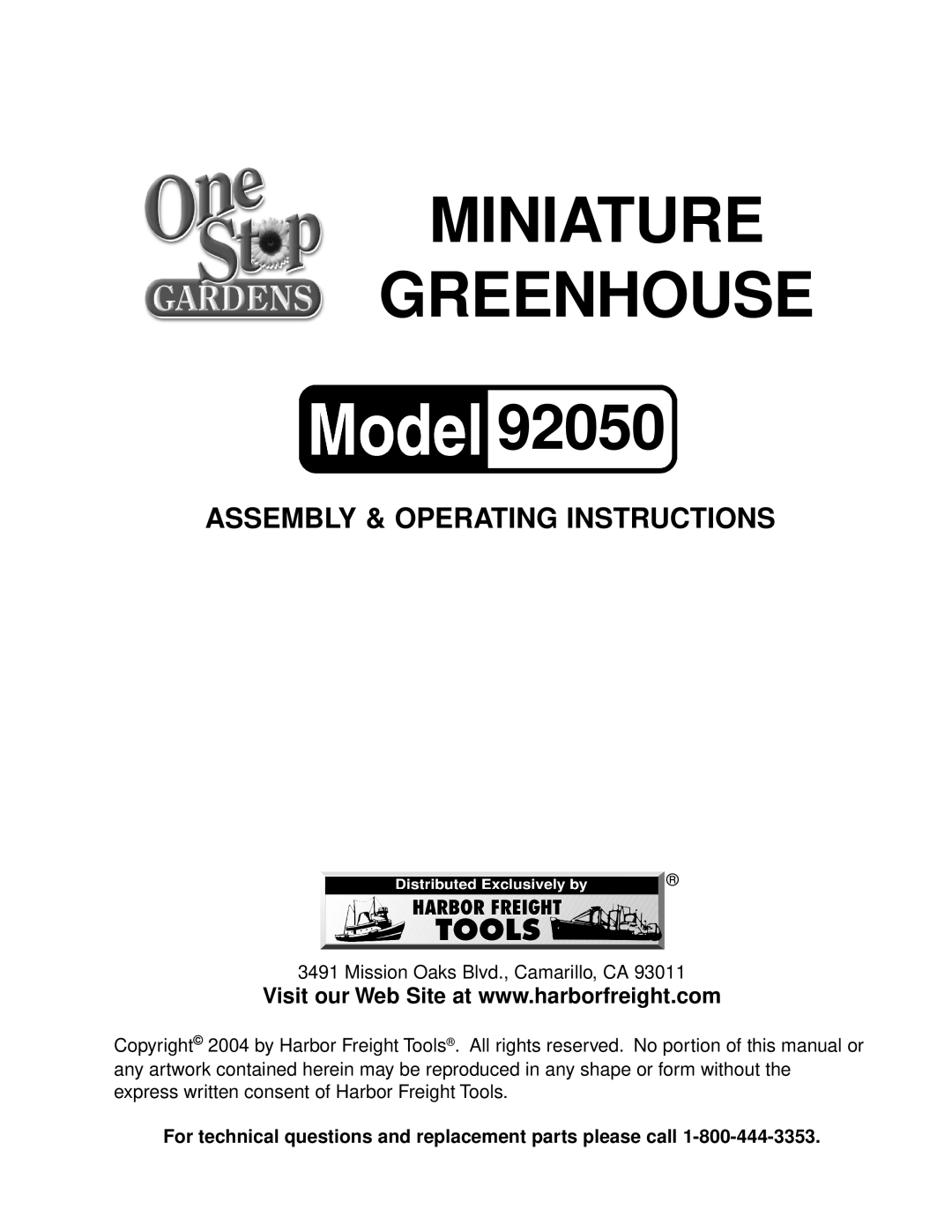 Harbor Freight Tools 92050 operating instructions Miniature Greenhouse 