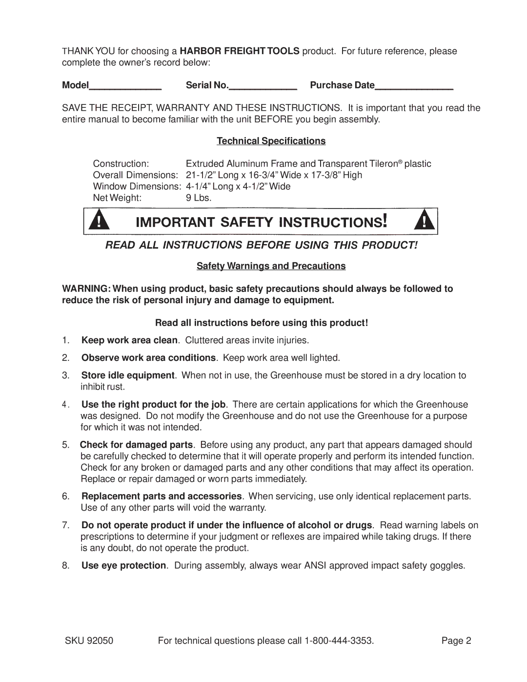 Harbor Freight Tools 92050 operating instructions Model Serial No. Purchase Date, Technical Specifications 