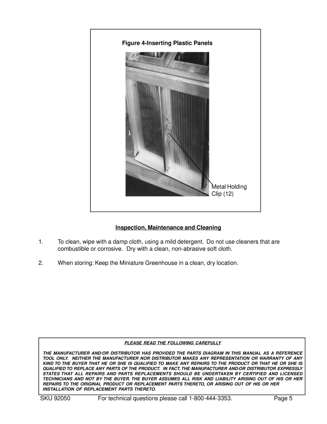 Harbor Freight Tools 92050 operating instructions Inserting Plastic Panels, Inspection, Maintenance and Cleaning 