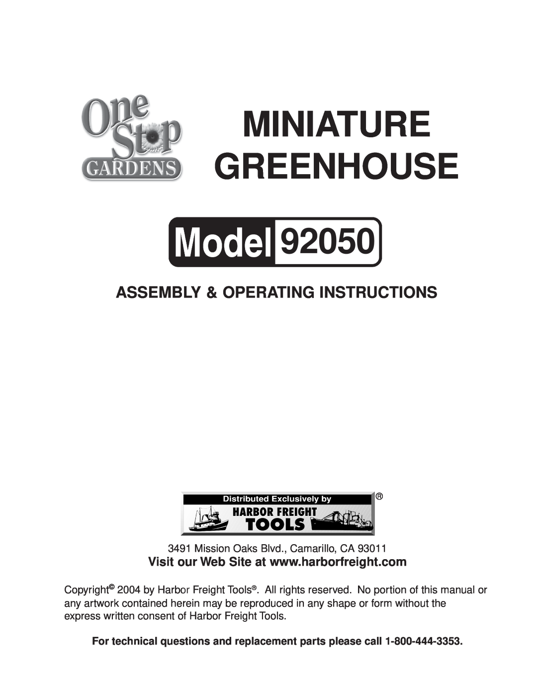 Harbor Freight Tools 92050 operating instructions Miniature Greenhouse, Assembly & Operating Instructions 