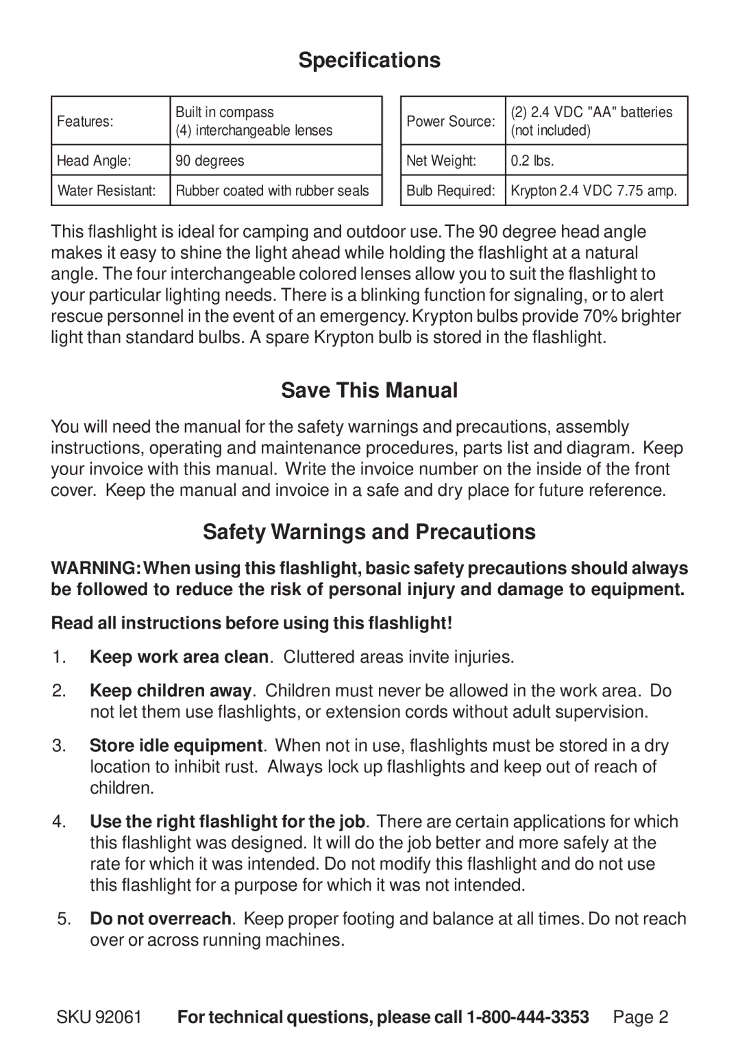 Harbor Freight Tools 92061 manual Specifications, Save This Manual, Safety Warnings and Precautions 