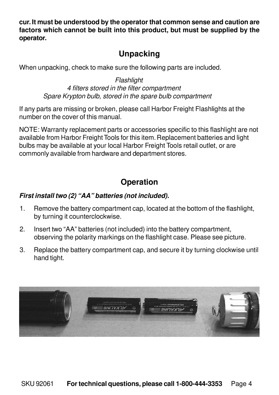 Harbor Freight Tools 92061 manual Unpacking, Operation, First install two 2 AA batteries not included 