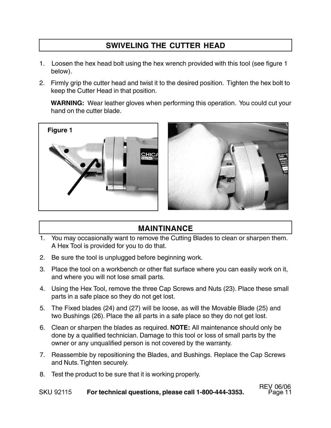 Harbor Freight Tools 92115 manual Swiveling the Cutter Head, Maintinance 