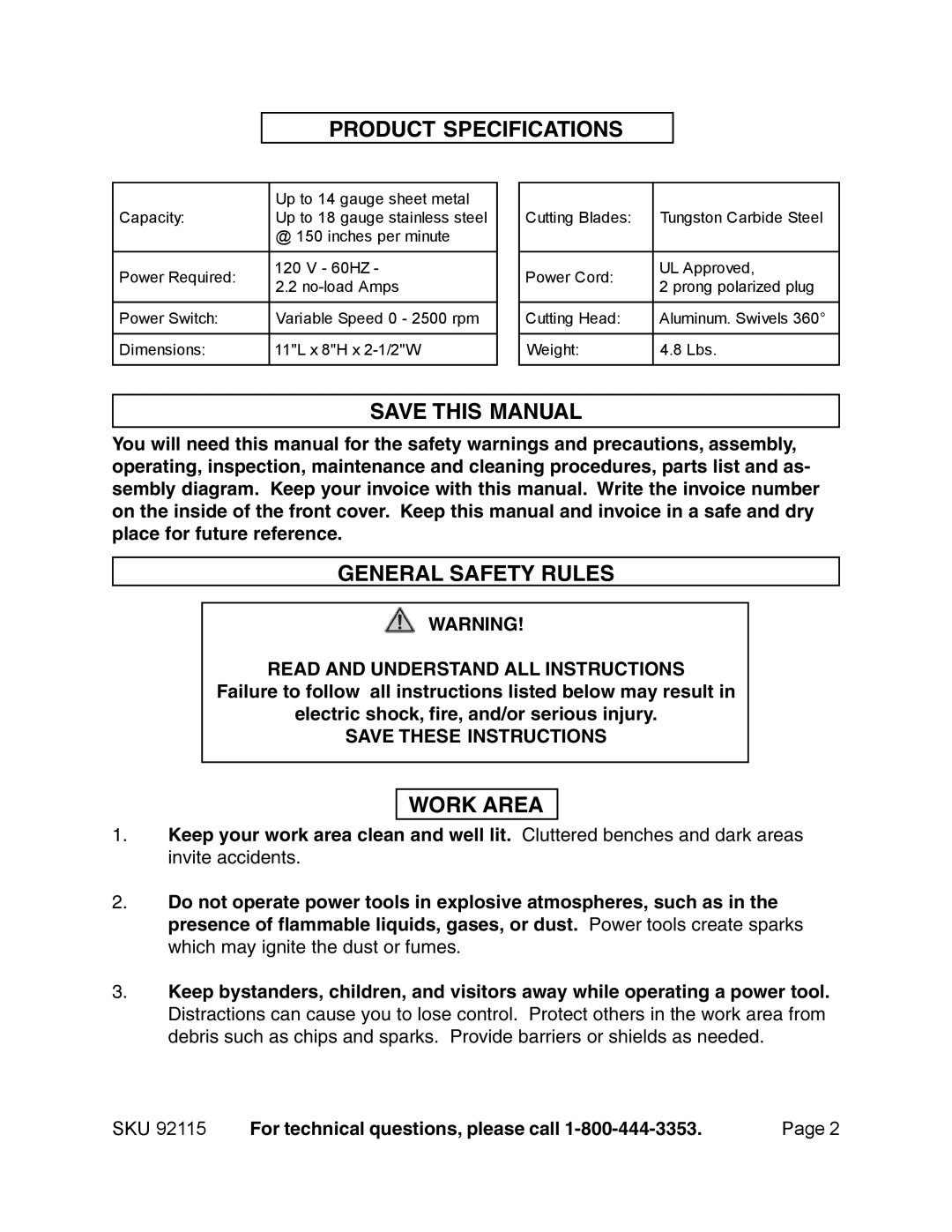 Harbor Freight Tools 92115 manual Product Specifications, Save this Manual, General Safety Rules, Work Area 