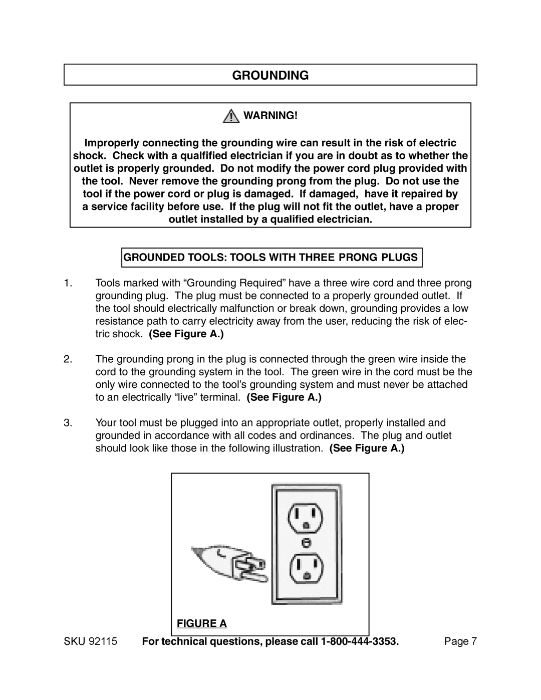 Harbor Freight Tools 92115 manual Grounding, Grounded Tools Tools with Three Prong Plugs 