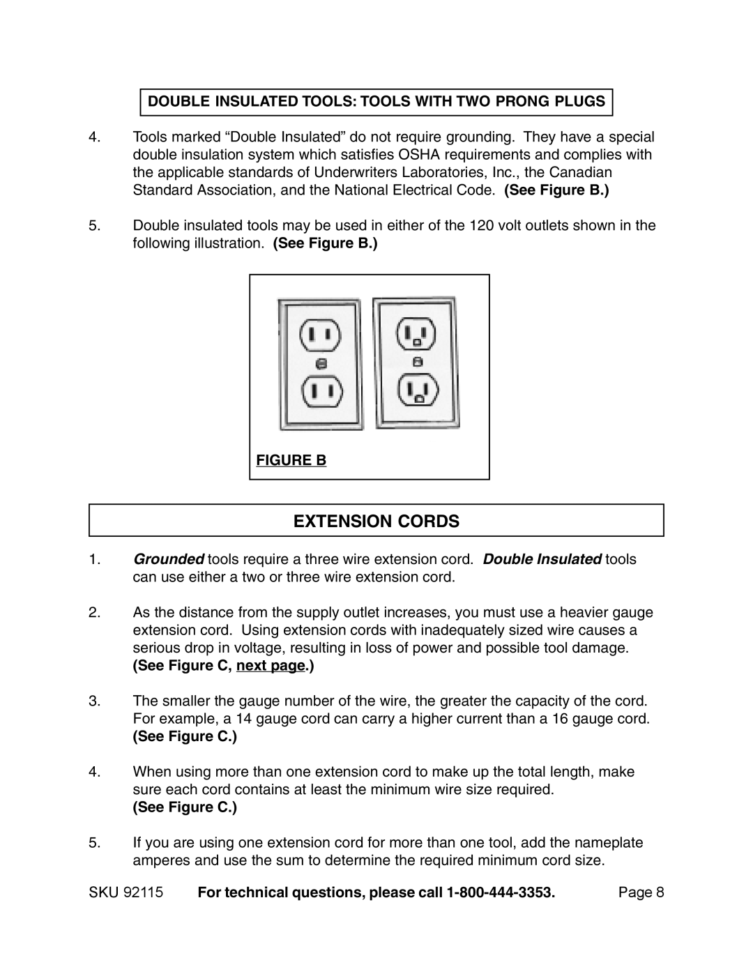 Harbor Freight Tools 92115 manual Extension Cords, Double Insulated Tools Tools with TWO Prong Plugs 