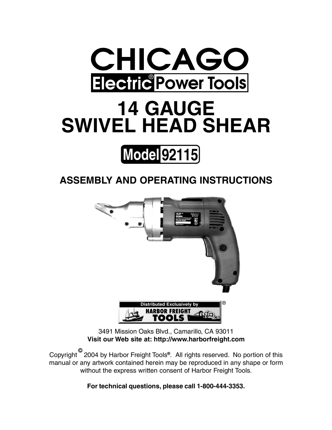 Harbor Freight Tools 92115 manual For technical questions, please call, Gauge Swivel Head Shear 