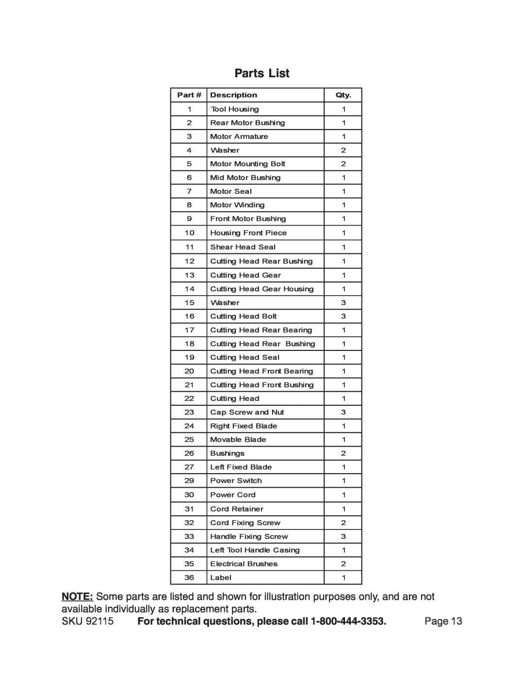 Harbor Freight Tools 92115 manual Parts List, For technical questions, please call, Page, Description 