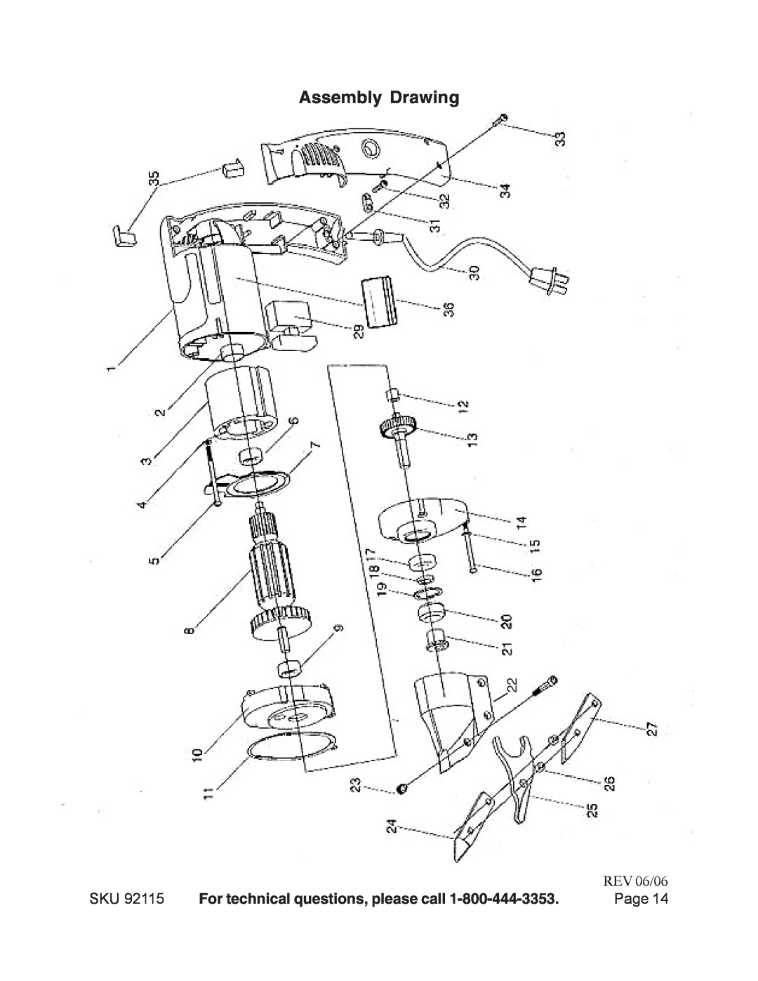 Harbor Freight Tools 92115 manual Assembly Drawing, Page, REV 06/06, For technical questions, please call 