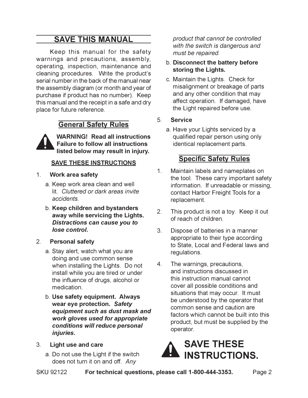 Harbor Freight Tools 92122 operating instructions Save This Manual 