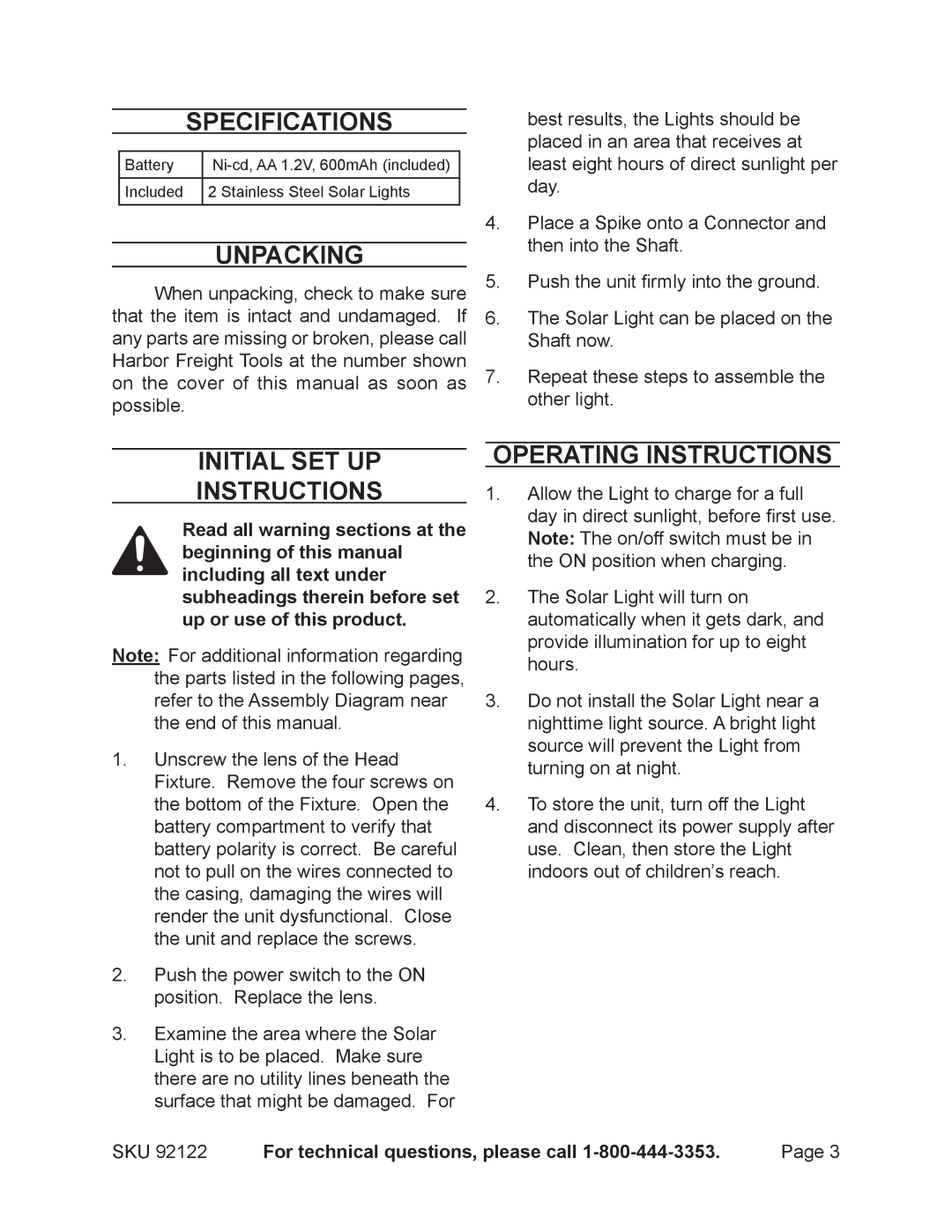 Harbor Freight Tools 92122 Specifications, Unpacking, Initial Set Up Instructions, Operating Instructions 